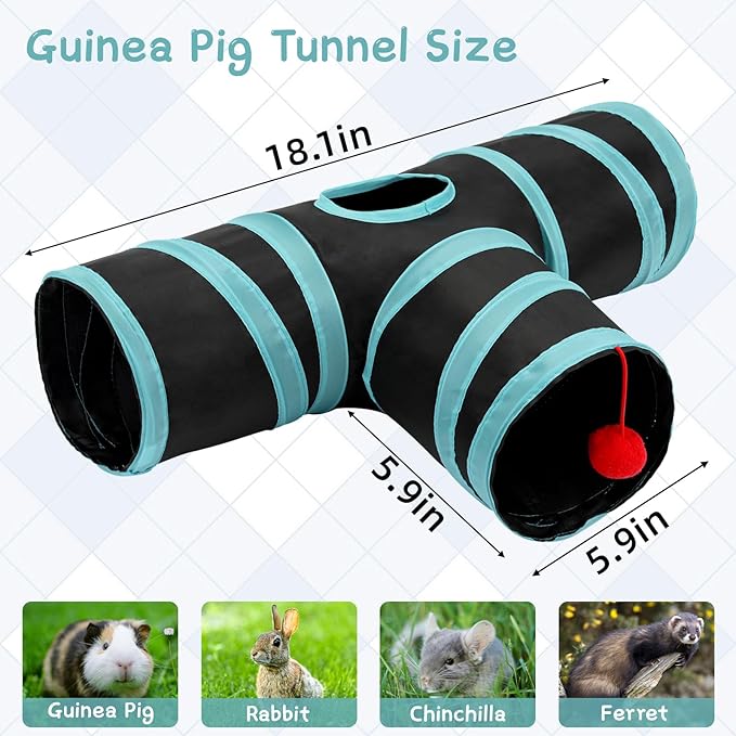 Rypet Guinea Pig Tunnel, 3 Way Collapsible Rabbit Tunnel, Small Pet Tunnels and Tubes with Interactive Ball for Rabbit Ferret Hamster Chinchilla Hedgehog Hiding and Resting-Mewly Pet