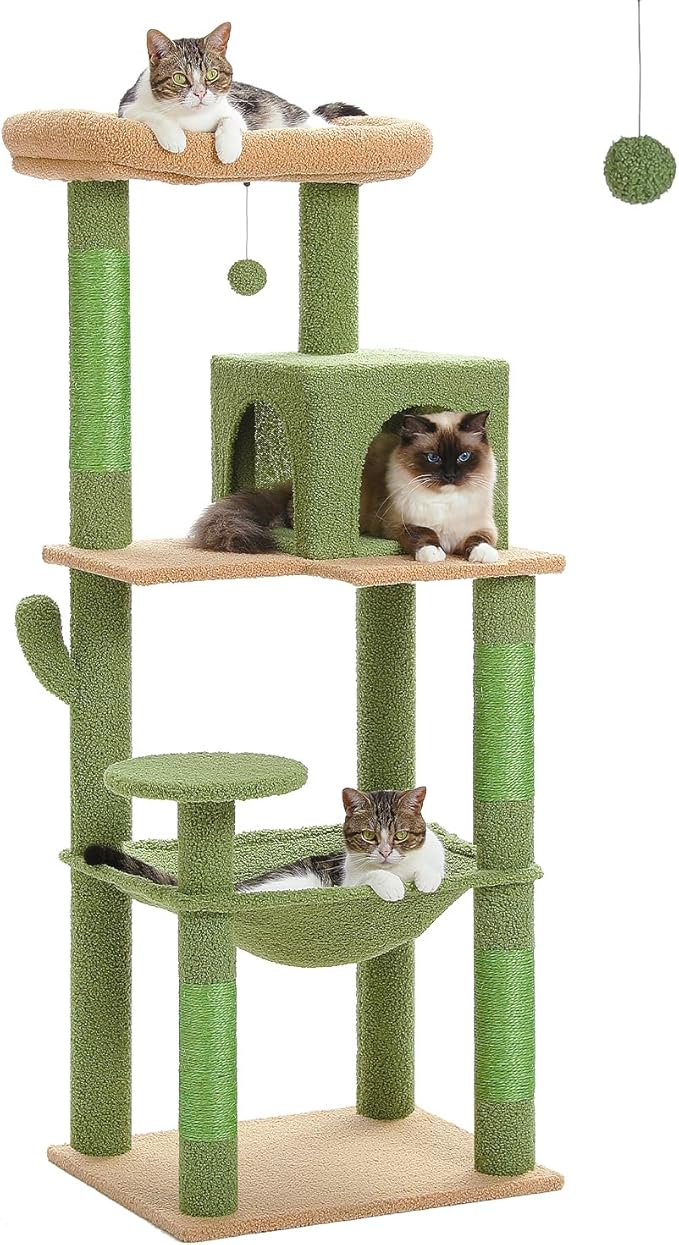Cactus Cat Tree for Large Cats with Metal Plush Big Hammock, 56.3" Cat Tower for Indoor Cats with 2 Door Condo House, 6-Tier Cat Shelves with Scratching Posts and Large Top Perch,Green-Mewly Pet