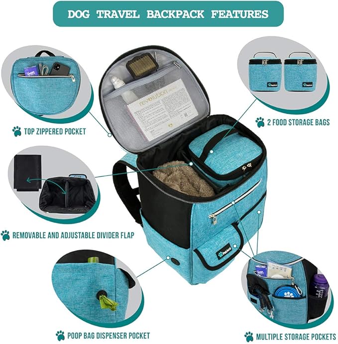 PetAmi Dog Travel Bag Backpack, Airline Approved Dog Bags for Traveling, Puppy Diaper Bag Supplies, Pet Camping Essentials Hiking Accessories Dog Mom Gift, Food Container, Collapsible Bowls, Teal Blue-Mewly Pet