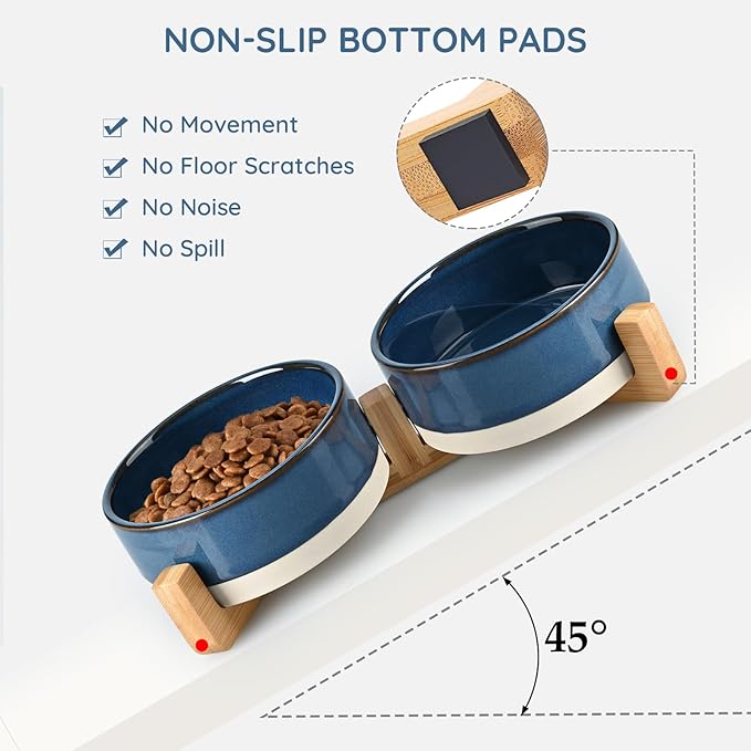 SPUNKYJUNKY Ceramic Dog and Cat Bowl Set with Wooden Stand, Modern Cute Weighted Food Water Bowl Set for Small Size Dogs (1.7 Cups, 2 × Pattern Blue)-Mewly Pet