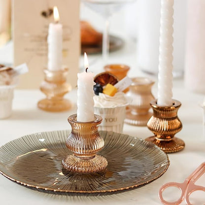 WDHODEC Gold Candlestick Holders 12PCS Glass Taper Candle Holders for Table Centerpiece Colorful Candle Sticks for Wedding, Party and Festival Decoration