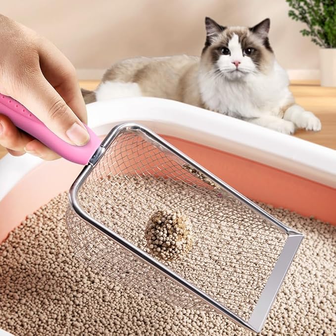Cat Litter Scoop,Sturdy Litter Cleaner Corner Shovel,2Pcs Stainless Steel Mesh Litter Shovel,Easy to Clean Reptile Terrarium Sand Waste,Beach Shovel(2 Pcs Pink)-Mewly Pet