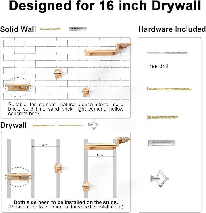 FUKUMARU Cat Wall Shelves, 3 In 1 Cats Walls Furniture Set, Food Station with 2 Steps , Solid Rubber Wood Perch, Suitable for Kitten Play, Nap, Eat, DIY Wall Jungle Gym-Mewly Pet