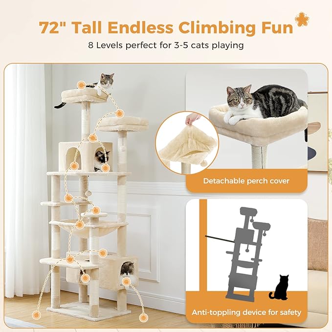 PAWZ Road Large Cat Tree, 72 Inches Cat Tower for Large Cats, Cat Condo with Sisal-Covered Scratching Posts and Pads, 2 Padded Perch, Dual Condo and Basket for Indoor Cats-Beige-Mewly Pet