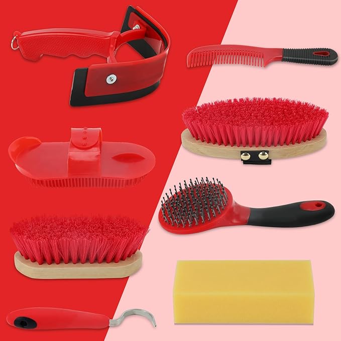 9 Pieces Grooming Kit with Tote Bag - Brush Set, Sweat Scraper, Sponge, Hoof Pick, Curry Comb for Horse Riders and Beginners (Red)-Mewly Pet