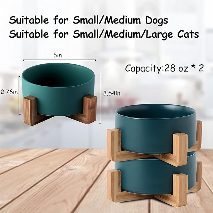 Petygooing Ceramic Dog Cat Bowl Set with Stand,Medium Dog Bowls,Pet Food and Water Dish, Anti -Slip Set of 2 Cat Bowls-Pet Food Bowl- Pet Dish Small Medium Size Pet (28 OZ /3.6 Cups) Green-Mewly Pet
