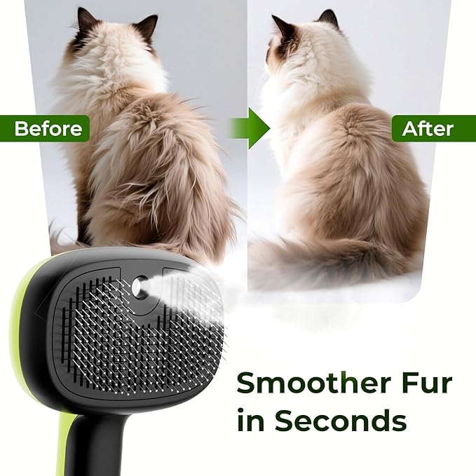 Pecute Cat Steam Brush, Self-Cleaning Steam Cat Brush with 2 Water Spray Modes, Large Capacity Tank, Steaming Renu Dog Brush for Shedding Massaging Grooming, Cool Mist Only-Mewly Pet