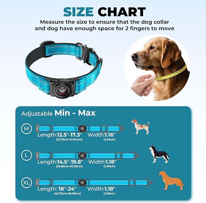 2025 Upgrade Airtag Dog Collar, Reflective Dog Collar with Airtag Holder, IP68 Waterproof| Metal Buckle| Ultra-Durable| Comfortable Padded, GPS Dog Collars for Medium Large Dogs (Blue,M)-Mewly Pet