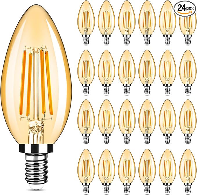 24-Pack Dimmable E12 LED Candelabra Bulbs 40Watt Equivalent, 2200K Amber Warm White, 380Lumens, 4W B11 Amber Chandelier Light Bulbs, LED Filament Clear Glass Candle Lamp for Ceiling Fan Home Decor