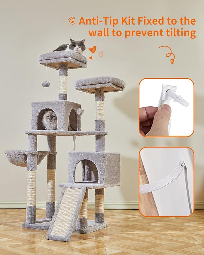 Taoqimiao 56.3-Inch Cat Tree, Cat Tower with Scratching Posts, Cat Tree House for Indoor Cats with hammocks, Toys, Condo and Large Scratch Board, Light Gray MS012W-Mewly Pet