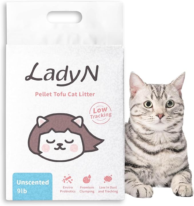Lady N Pellet Tofu Cat Litter, Strong Clumping Ultra Absorbent, Dust-Free Low Tracking, Enviro-probiotic and Activated Carbon for Odor Control 9lb (1 Pack Unscented)-Mewly Pet