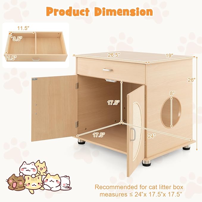 Tangkula Litter Box Enclosure, Hidden Cat Washroom with Drawer, Sisal Scratching Doors, Adjustable Metal Feet, Modern Cat Litter Cabinet Storage Bench, Double Enclosed Litter Box Furniture-Mewly Pet