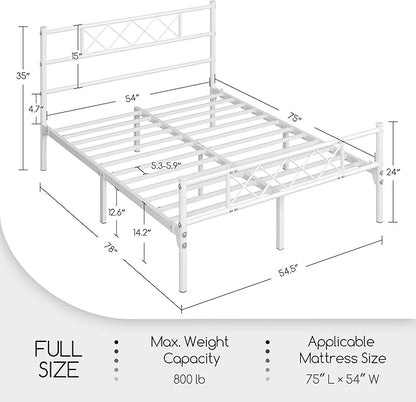 Yaheetech Full Size Metal Platform Bed Frame with Simple Headboard and Footboard, Mattress Foundation for Under Bed Storage, Steel Slat Support, No Box Spring Needed, Easy Assembly, White