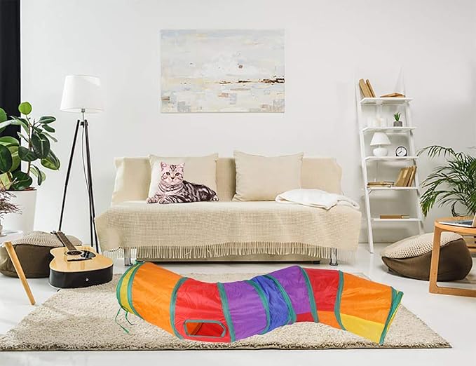 iCAGY Cat Tunnel for Indoor Cats Interactive, Rabbit Tunnel Toys, Pet Toys Play Tunnels for Cats Kittens Rabbits Puppies Crinkle Pop Up Rainbow 47" Shape S-Mewly Pet