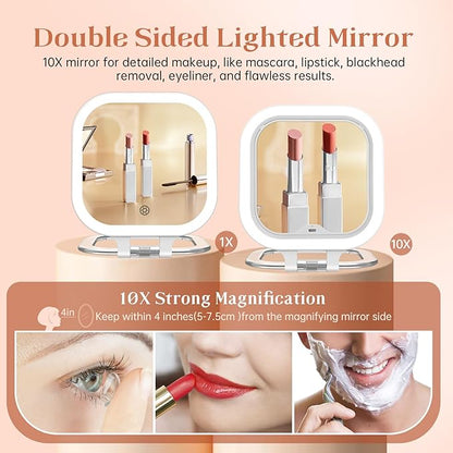 FASCINATE 10X Magnification Compact Travel Makeup Mirror with Lights and Magnification, 3.5 inch Portable 1X/10X Magnifying Mirror with 3 Color Light, Folding, Handheld (White)