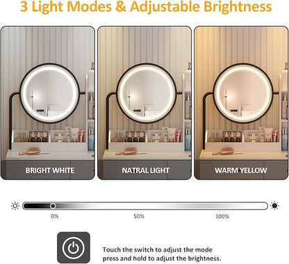 Vabches Makeup Vanity with Round Mirror and Lights, White Vanity Makeup Table with Charging Station, Small Vanity Table for Bedroom, 3 Lighting Modes, 31.5in(L)