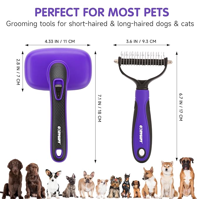 Dog Brush Kit – 3 PCS Grooming Set with Self-Cleaning Brush, Undercoat Rake & Pet Bath Brush. Great for Shedding, Tangles & Dirt Removal – Ideal for Long & Short Haired Dogs & Cats, Purple-Mewly Pet