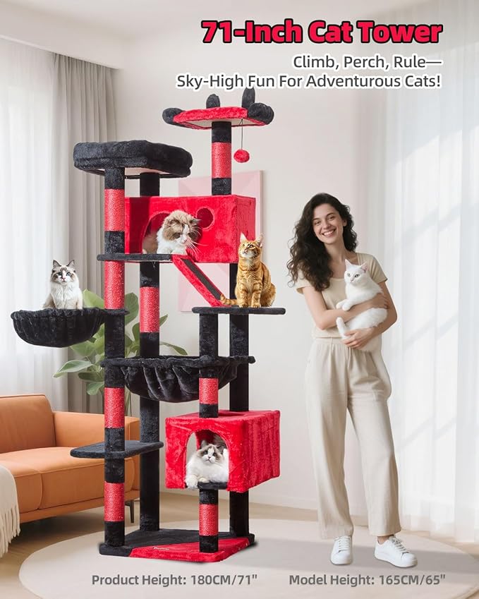 Taoqimiao Gothic Cat Tree 71-Inch, Cat Tower for Indoor Cats Large Adult, Multi-Level Large Cat Condo, 8 Sisal Scratching Posts, Metal Frame Cozy Hammock, Scratch Board, 2 Top Perches, MS026LBR-Mewly Pet