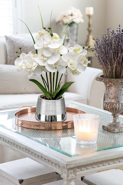 Artificial White Phalaenopsis Orchid Flower Arrangements Faux Orchid Flower in Silver Pot Orchid Centerpiece for Dining Room Table