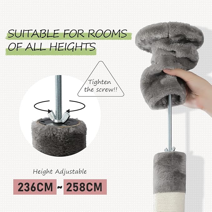 PEQULTI Floor to Ceiling Cat Tree 92.9’’-101.6’’ Height Adjustable Cat Tower Tall Kitty Climbing Play House with Scratching Posts, Cozy Condo, Perches and Large Hammock for Indoor Cats Gray-Mewly Pet