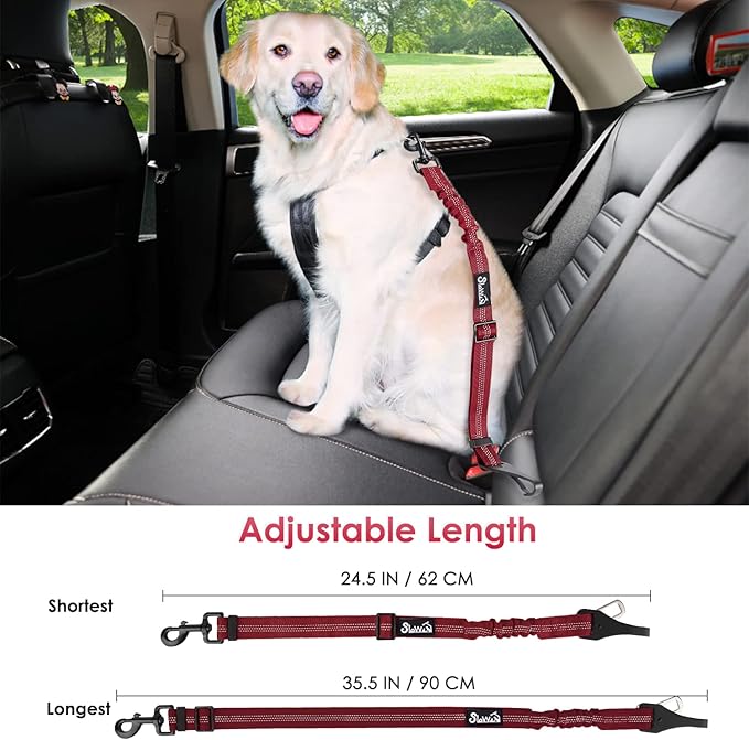 SlowTon Dog Seat Belt, Adjustable Dog Safety Belt Leash, 2 in 1 Latch Bar Attachment Dog Car Seatbelt with Elastic Nylon Bungee Buffer, Reflective Nylon Belt Tether(Red 35.5in)-Mewly Pet