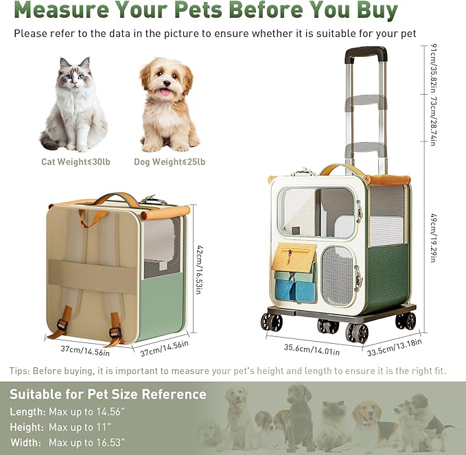 Cat Carrier with Wheels, Soft Rolling Pets Carrier Collapsible on Wheel Pet Handbag Cats Backpack, Dog Carriers up to 25 LBs Removable Cat Bag for Small Dogs Medium Cats Outing(NOT for TSA)-Mewly Pet