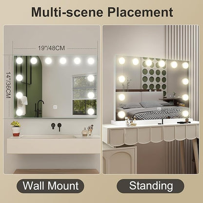 S'bagno Vanity Mirror with Lights, 12 Dimmable LED Bulbs Hollywood Mirror, 3 Color Modes & Memory Function Makeup Mirror with Lights, Detachable 10X Magnification, Touch Control, USB-A(19''x14'')