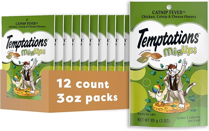 Temptations MixUps Catnip Fever Flavor Crunchy and Soft Cat Treats, 3 oz. Pouch (Pack of 12)-Mewly Pet