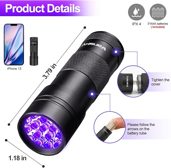 Black Light UV Flashlight,Vansky Blacklight 12 LED Urine Detector For Dog/Cat/Pet Urine & Dry Stains and Bed Bug On Carpets/Rugs/Floor,Matching with Pet Odor Eliminator-Mewly Pet