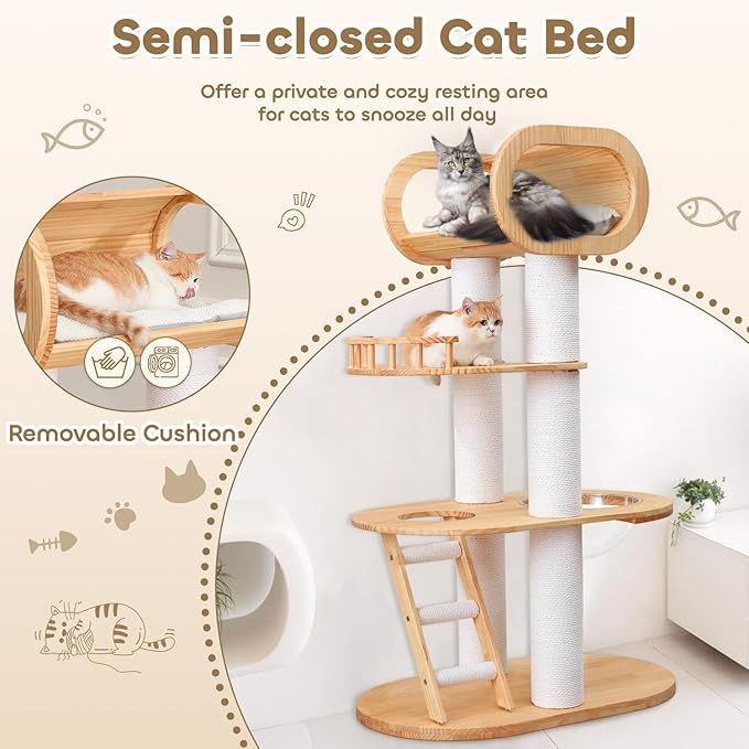 63'' Tall Modern Cat Tree for Indoor Cats, Luxury Cat Tree, Multi-Level Wood Climb Tower for Large Cat, Heavy Duty Kitty House with Transparent Bowl, Large Perches with Removable Cushion-Mewly Pet