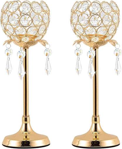 Crystal Tea Light Candlestick Holders Flower Shape with Crystal Pendant Bowl Votive Metal Candle Holder for Table Centerpieces Wedding Home Decor (Set of 2 high, Gold)