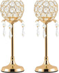Crystal Tea Light Candlestick Holders Flower Shape with Crystal Pendant Bowl Votive Metal Candle Holder for Table Centerpieces Wedding Home Decor (Set of 2 high, Gold)