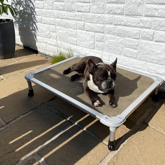 Veehoo Chew Proof Elevated Dog Bed - Cooling Raised Pet Cot - Silver Aluminum Frame and Durable Textilene Mesh Fabric, Unique Designed No-Slip Feet for Indoor or Outdoor Use, Beige Coffee, Medium-Mewly Pet