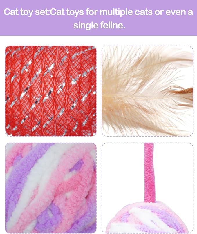 PET SHOW 10 Pack Cat Toys - Woolen Yarn Cat Balls, Interactive Mesh Feather Ball, String Toy for Indoor Cats, Chase Training Activity for Kittens-Mewly Pet