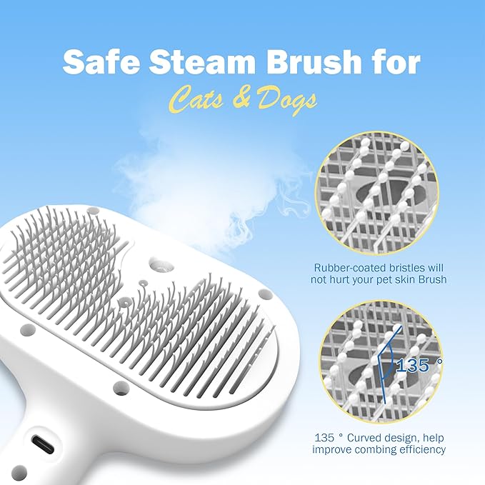 4-in-1 Pet Grooming Steam Brush for Cats & Dogs – Steam Spray, Blue Light, Hair Removal, Self-Cleaning Comb – Includes Pet Waterless Shampoo-Mewly Pet