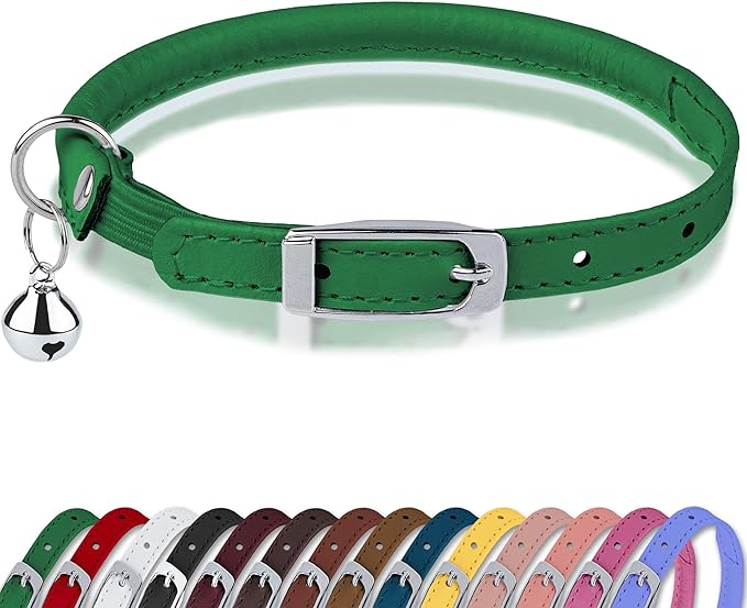 OOPSDOGGY Rolled Leather Cat Collar with Bell, Reflective Kitten Collars with Buckle Include Safety Elastic Strap - Adjustable Small Pet Collars for Boy Girl Cats (Green)-Mewly Pet