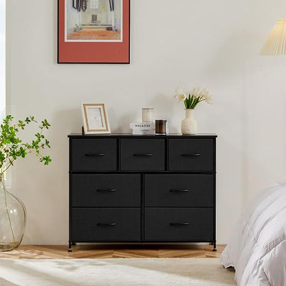 Sweetcrispy Dresser for Bedroom TV Stand Fabric Dresser with 7 Drawers, Dresser Chest of Drawers Organizer Wood Tabletop, Dresser for Closet, Living Room, Entryway, Black