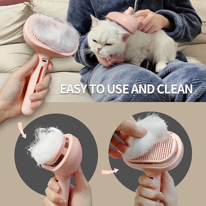 3-in-1 Steam Brush with Release Button and Tank, Anti-Static Pet Brush for Long and Short Hair - Removes Tangles and Loose Hair (Pink)-Mewly Pet