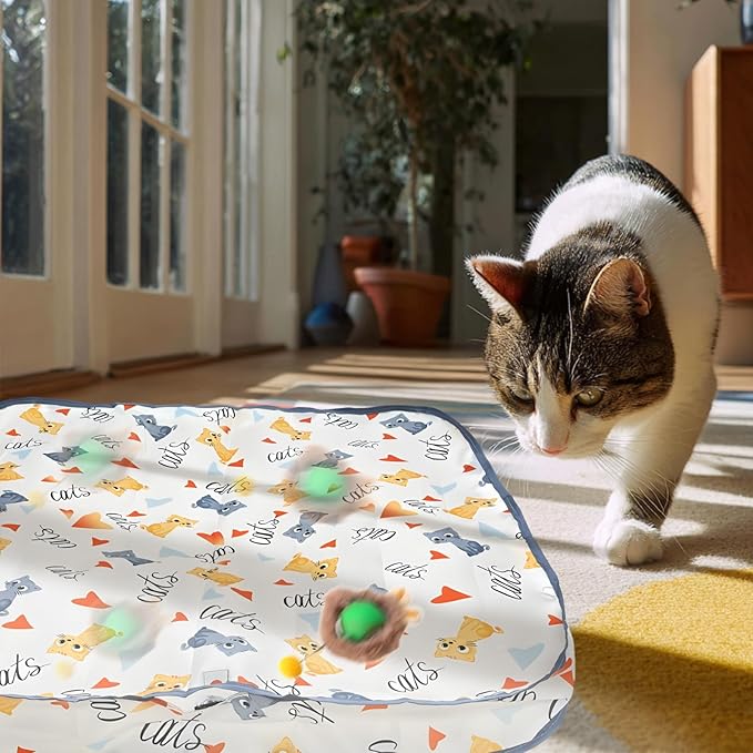 Rocfish Interactive Cat Toys Ball - Automatic Fast Rolling Ball in Play Mat, Hide and Seek Mouse Catching Game, Low-Noise Cat Enrichment Toys in Pouch for Indoor Bored Cats (Green Toy & Square Mat)-Mewly Pet