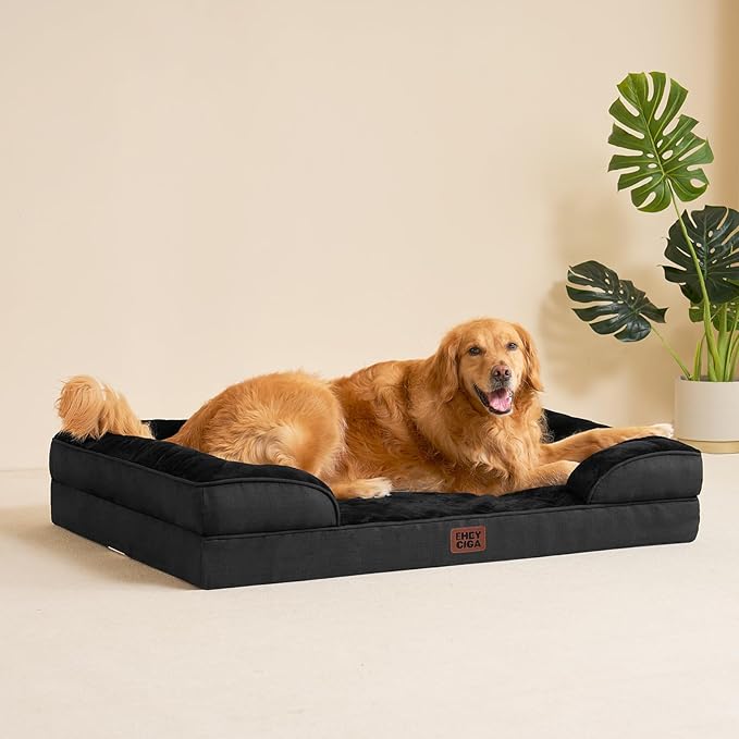 EHEYCIGA Orthopedic Dog Beds for Large Dogs, Waterproof Memory Foam Large Pet Bed with Sides, Non-Slip Bottom and Egg-Crate Foam Dog Couch Bed with Washable Removable Cover, Black-Mewly Pet