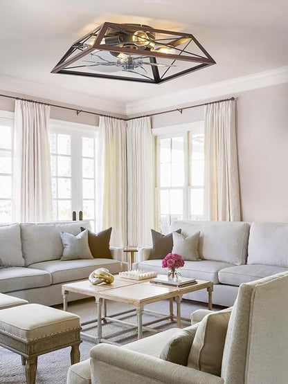 LEDIARY Ceiling Fan with Light, 24 Inch Farmhouse Caged Flush Mount, Low Profile Fan Light Fixture, Small Industrial Rustic Ceiling Fan with Remote