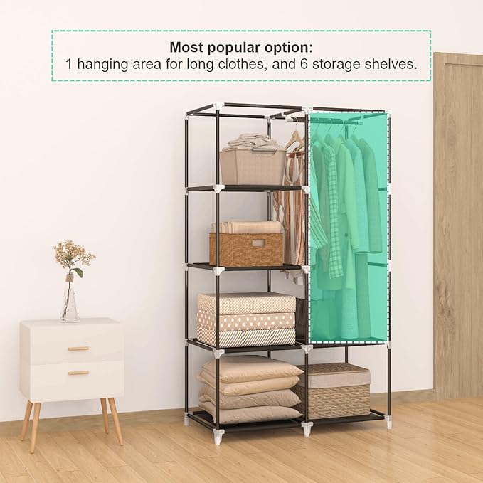 35 Inch Portable Wardrobe Closet for Small Room, Clothing Organizer Storage Rack with Non-Woven Fabric Cover, 1 Clothes Hanging Rod, 6 Storage Shelves, Grey