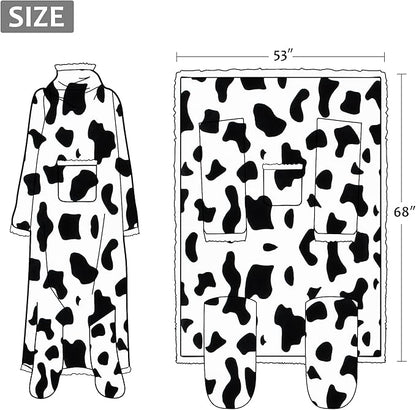 Catalonia Cow Print Sherpa Wearable Blanket with Sleeves & Foot Pockets for Adult Women Men, Comfy Snuggly Wrap Sleeved Throw Blanket Robe, Gift Idea