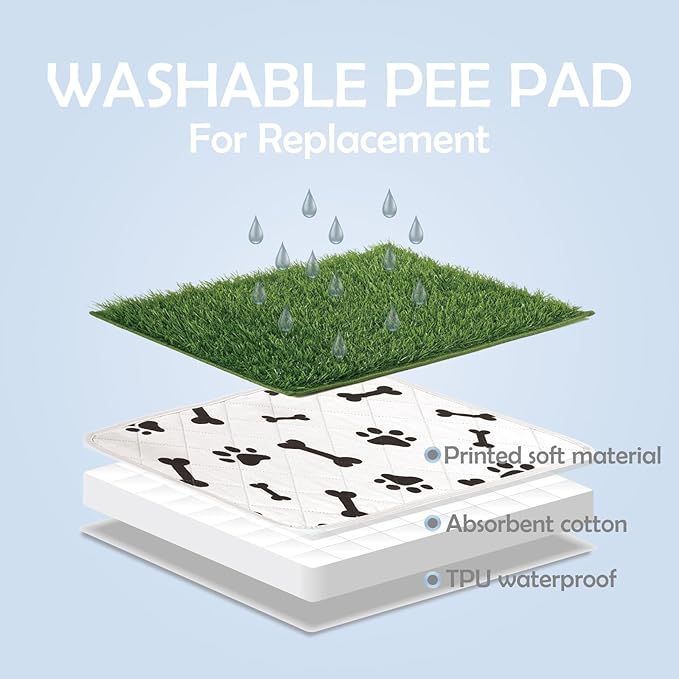 MEEXPAWS Dog Grass Pad with Foldable Dog Litter Box, Small Pee Pad Holder Foldable Liner Base High Side with Odor Free Artificial Grass for Puppy Potty Training Balcony, 2 PCS Reusable Pee Pads-Mewly Pet