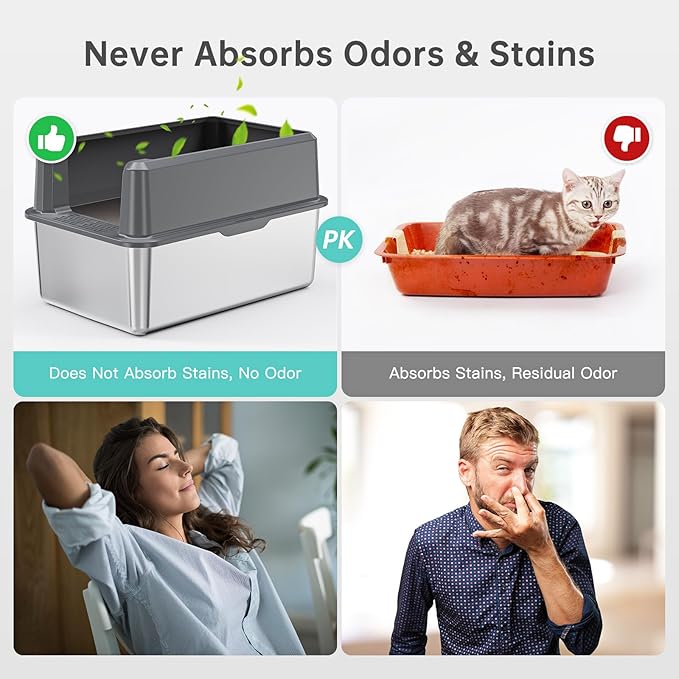 Stainless Steel Litter Box with Lid, 14” XL Stainless Steel Cat Litter Box Enclosure, Extra Large Metal Cat Box, Non-Sticky, Anti Leakage, Easy Cleaning Litter Pan, Include Scoop (Gray)-Mewly Pet