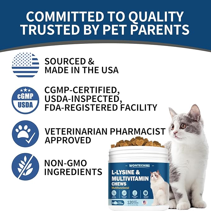 L-Lysine Supplement for Cats, Cat Vitamins for Sneezing, Runny Nose, Cold, Immune Support, Eye Function and Respiratory Health, Natural Lysine Cat Treats (120 Chews, Tuna)-Mewly Pet