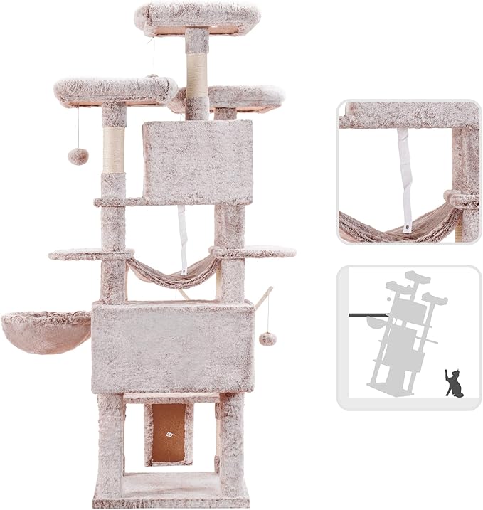 Hey-brother Cat Tree, 71 inches XL Large Cat Tower for Indoor Cats, Multi-Level Cat House with 3 Padded Perches, Big Scratcher, Cozy Basket, 2 Cat Condos and Scratching Posts, Muchroom MPJ034MU-Mewly Pet