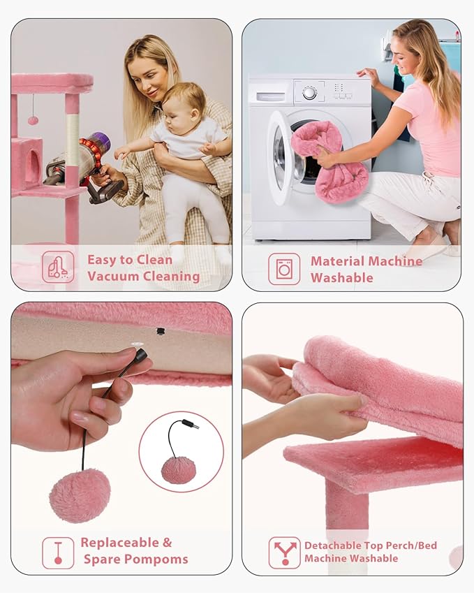 Cat Tree for Large Cats with Metal Plush Big Hammock, 56.3" Cat Tower for Indoor Cats with 2 Door Condo House, 6-Tier Cat Shelves with Scratching Posts and Large Top Perch, Pink-Mewly Pet