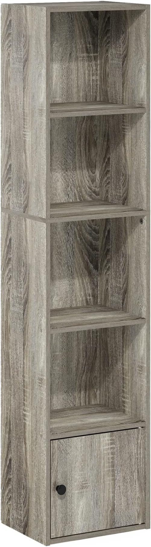 Furinno LUDER Book Shelf, 5-Tier Modern Bookshelf, Bookcase with 1 Door Storage Cabinet, 9.3" x 12" x 52", for Living Room, Bedroom, Home Office, French Oak