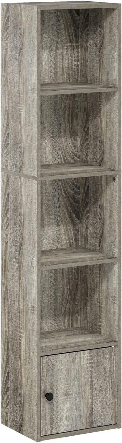 Furinno LUDER Book Shelf, 5-Tier Modern Bookshelf, Bookcase with 1 Door Storage Cabinet, 9.3" x 12" x 52", for Living Room, Bedroom, Home Office, French Oak